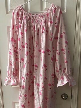 Smocked Flannel Nightgown - Pink Flamingos